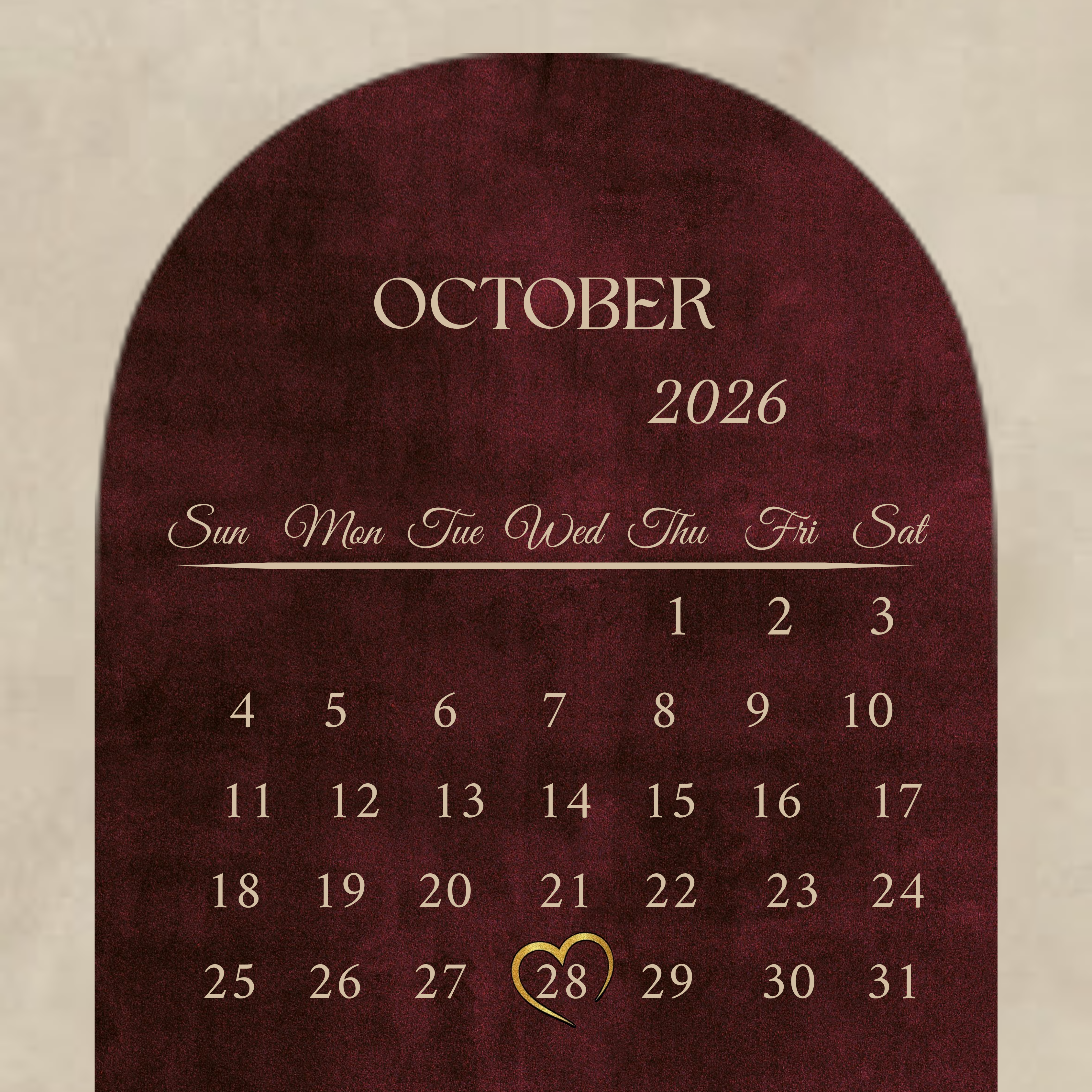 Calendrier Octobre 2026 — Samedi 28 Octobre 2026, date du mariage de Loubna et Rayhane Alexandre